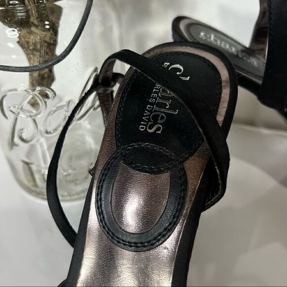 Charles by Charles David Black Satin Snakeskin Stiletto Heels Ankle Strap - Picture 2 of 14